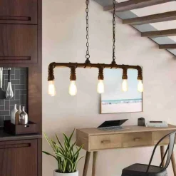 5-Light 90cm Industrial Pendant Light Vintage Wrought Iron Pipe in Black Finish Steampunk Chandelier Bar Bistro Restaurant Lighting