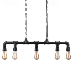 5-Light 90cm Industrial Pendant Light Vintage Wrought Iron Pipe in Black Finish Steampunk Chandelier Bar Bistro Restaurant Lighting