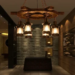 6-Light 78cm(31.2inch) Pendant Light Wood Glass Painted Finishes Vintage Country 110-120V 220-240V