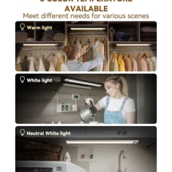 Light In The Box Motion Sensor Cabinet Light Ultra Thin Under Cabinet Lighting USB Rechargeable Battery Operated, Tri-color Wireless Closet Lights Night Lights for Bedroom Wardrobe Stairs