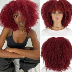 Light Pink Curly Wigs for Black Women Short Afro Curly Wigs with Bangs Synthetic Fiber Afro Kinky Wigs Short Curly Pink Wig For Daily Use