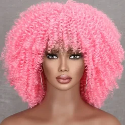 Light Pink Curly Wigs for Black Women Short Afro Curly Wigs with Bangs Synthetic Fiber Afro Kinky Wigs Short Curly Pink Wig For Daily Use