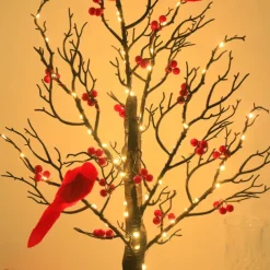 Lighted Birch Tree with Red Berries, Tabletop LED Decor Light for Valentine's Day Home & Festivals
