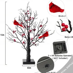 Lighted Birch Tree with Red Berries, Tabletop LED Decor Light for Valentine's Day Home & Festivals