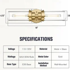 Lightinthebox Bathroom Light Fixtures Over Mirror, Gold Vanity Lights in Clear Glass Indoor Wall Sconce, Modern Cylinder Wall Light Up and Down Wall Mount Lamp for Bathroom, Bedroom, Hallway 110-240V