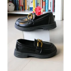 Little Girls' Black Faux Leather Loafers with Gold Buckle – Classic School Uniform Dress Shoes for Kids