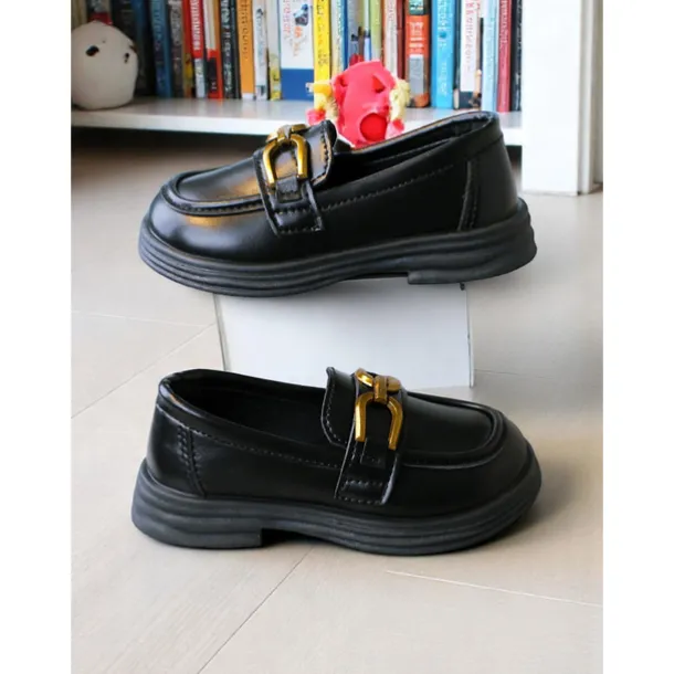 Little Girls' Black Faux Leather Loafers with Gold Buckle – Classic School Uniform Dress Shoes for Kids