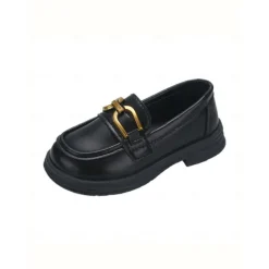 Little Girls' Black Faux Leather Loafers with Gold Buckle – Classic School Uniform Dress Shoes for Kids