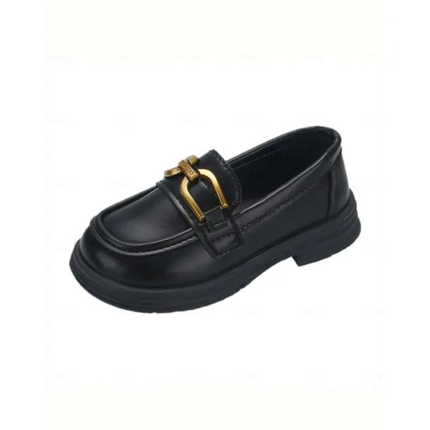 Little Girls' Black Faux Leather Loafers with Gold Buckle – Classic School Uniform Dress Shoes for Kids