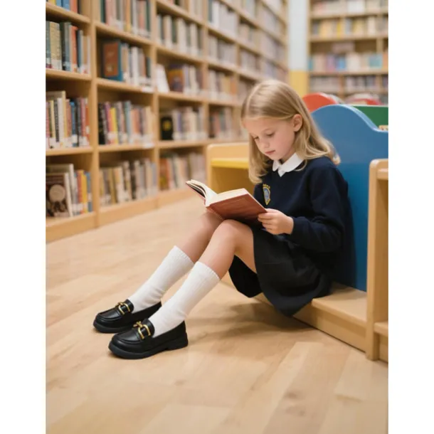 Little Girls' Black Faux Leather Loafers with Gold Buckle – Classic School Uniform Dress Shoes for Kids