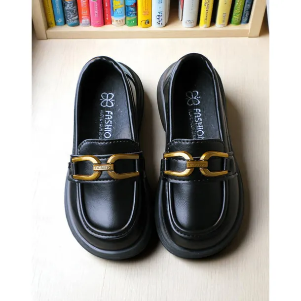 Little Girls' Black Faux Leather Loafers with Gold Buckle – Classic School Uniform Dress Shoes for Kids