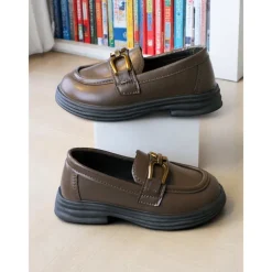 Little Girls' Black Faux Leather Loafers with Gold Buckle – Classic School Uniform Dress Shoes for Kids