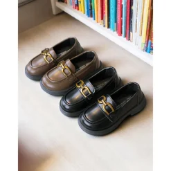 Little Girls' Black Faux Leather Loafers with Gold Buckle – Classic School Uniform Dress Shoes for Kids