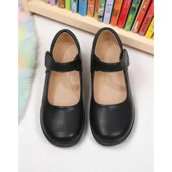 Little Girls' Black Patent Mary Jane Shoes with Hook-and-Loop Strap – Easy On School Dress Shoes for Elementary Kids