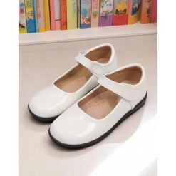 Little Girls' Black Patent Mary Jane Shoes with Hook-and-Loop Strap – Easy On School Dress Shoes for Elementary Kids