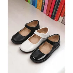 Little Girls' Black Patent Mary Jane Shoes with Hook-and-Loop Strap – Easy On School Dress Shoes for Elementary Kids