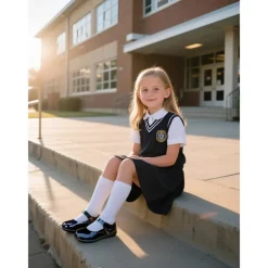 Little Girls' Black Patent Mary Jane Shoes with Hook-and-Loop Strap – Easy On School Dress Shoes for Elementary Kids