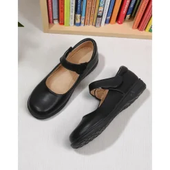 Little Girls' Black Patent Mary Jane Shoes with Hook-and-Loop Strap – Easy On School Dress Shoes for Elementary Kids