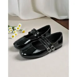 Little Girls' Double Strap Patent Mary Jane Flats – Classic Buckle School Shoes for Daily Wear and Uniform Use