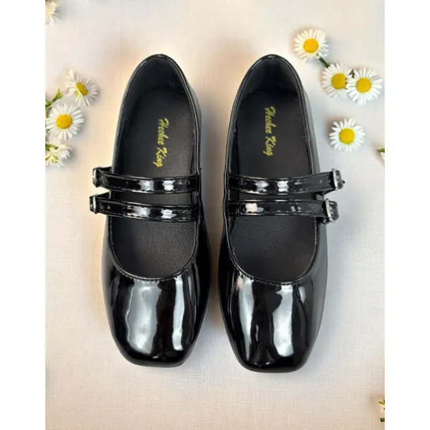 Little Girls' Double Strap Patent Mary Jane Flats – Classic Buckle School Shoes for Daily Wear and Uniform Use