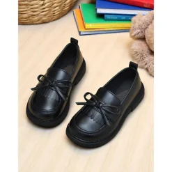 Little Girls' Faux Leather School Loafers with Fringe and Bow – Comfortable Moccasin Style Shoes for School & Daily Wear
