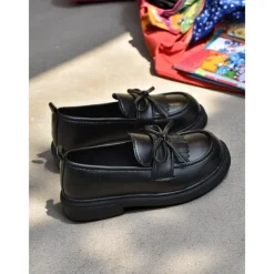 Little Girls' Faux Leather School Loafers with Fringe and Bow – Comfortable Moccasin Style Shoes for School & Daily Wear