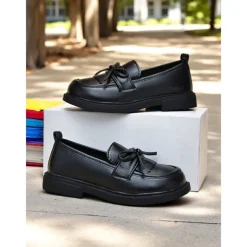 Little Girls' Faux Leather School Loafers with Fringe and Bow – Comfortable Moccasin Style Shoes for School & Daily Wear