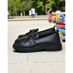 Little Girls' Faux Leather School Loafers with Fringe and Bow – Comfortable Moccasin Style Shoes for School & Daily Wear