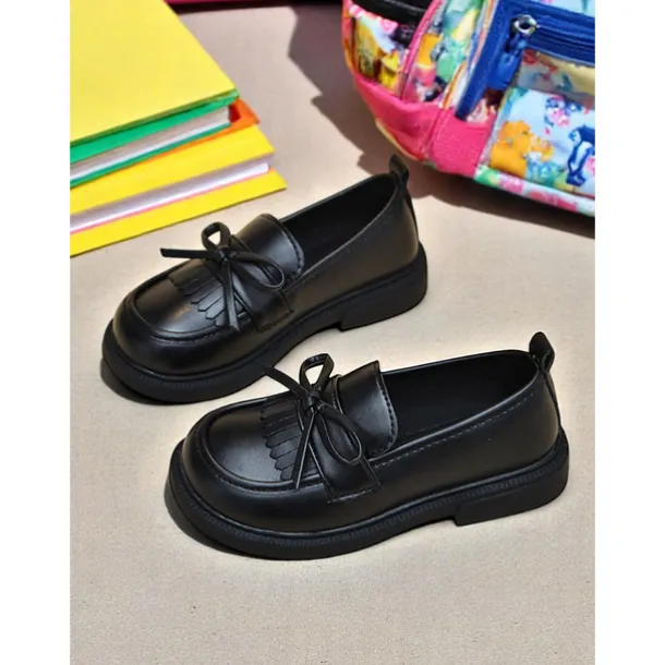 Little Girls' Faux Leather School Loafers with Fringe and Bow – Comfortable Moccasin Style Shoes for School & Daily Wear