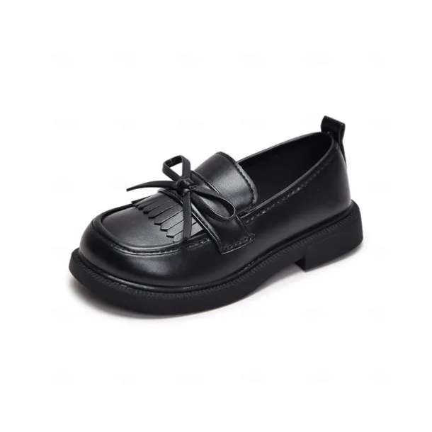 Little Girls' Faux Leather School Loafers with Fringe and Bow – Comfortable Moccasin Style Shoes for School & Daily Wear