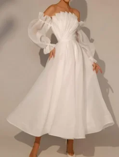 Little White Dress Bridal Shower Dresses Wedding Dresses A-Line Square Neck Long Sleeve Ankle Length Organza Bridal Gowns With Pleats Solid Color