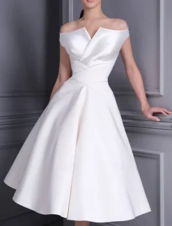 Little White Dress Bridal Shower Dresses Wedding Dresses A-Line Off Shoulder Cap Sleeve Tea Length Satin Bridal Gowns With Pleats Solid Color