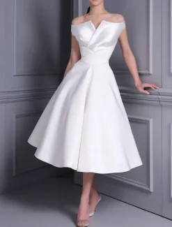 Little White Dress Bridal Shower Dresses Wedding Dresses A-Line Off Shoulder Cap Sleeve Tea Length Satin Bridal Gowns With Pleats Solid Color