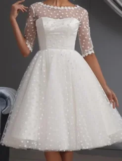 Little White Dresses Boho Wedding Dresses Ball Gown Illusion Neck Half Sleeve Knee Length Lace Bridal Suits Bridal Gowns With Embroidery Appliques