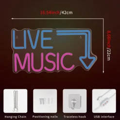 Live Music Neon Sign LED, Large Blue & Pink Neon Light for Studio, Bar, Bedroom, Party, Club Wall Decor-USB Powered
