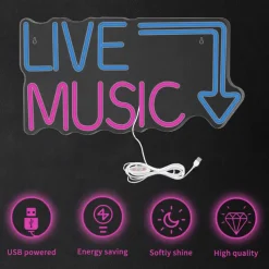 Live Music Neon Sign LED, Large Blue & Pink Neon Light for Studio, Bar, Bedroom, Party, Club Wall Decor-USB Powered