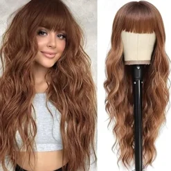 Long Wigs with Bangs for Women Curly Wavy Hair Wigs Heat Resistant Synthetic Fiber Wigs for Daily Party Use