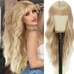 Long Wigs with Bangs for Women Curly Wavy Hair Wigs Heat Resistant Synthetic Fiber Wigs for Daily Party Use
