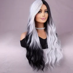 Long Black And White Double Wig A White Wig With Heat Resistant Synthetic Hair In The Middle Part Of A Cosplay Party Wig