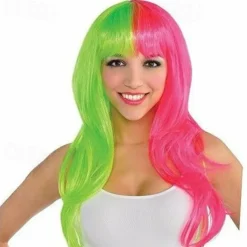 Long Black Light Neon Pink & Green Wig For Carvinal