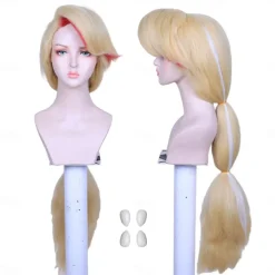 Long Blonde with Pink Cosplay Wig with Fangs for Women Costume Halloween Cosplay Party Wigs