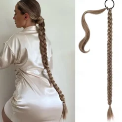 Long Braided Ponytail Extension with Hair Tie Straight Wrap Around Hair Extensions Ponytail Natural Soft Synthetic Hair Piece for Women