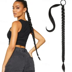 Long Braided Ponytail Extension with Hair Tie Straight Wrap Around Hair Extensions Ponytail Natural Soft Synthetic Hair Piece for Women