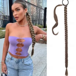 Long Braided Ponytail Extension with Hair Tie Straight Wrap Around Hair Extensions Ponytail Natural Soft Synthetic Hair Piece for Women