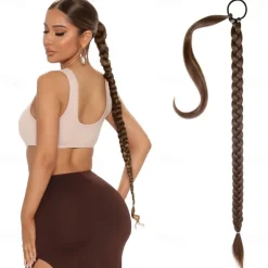 Long Braided Ponytail Extension with Hair Tie Straight Wrap Around Hair Extensions Ponytail Natural Soft Synthetic Hair Piece for Women