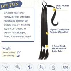 Long Braided Ponytail Extension with Hair Tie Straight Wrap Around Hair Extensions Ponytail Natural Soft Synthetic Hair Piece for Women