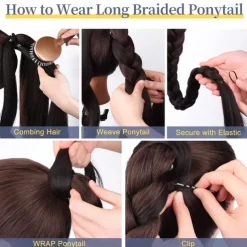 Long Braided Ponytail Extension with Hair Tie Straight Wrap Around Hair Extensions Ponytail Natural Soft Synthetic Hair Piece for Women