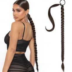 Long Braided Ponytail Extension with Hair Tie Straight Wrap Around Hair Extensions Ponytail Natural Soft Synthetic Hair Piece for Women