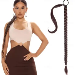 Long Braided Ponytail Extension with Hair Tie Straight Wrap Around Hair Extensions Ponytail Natural Soft Synthetic Hair Piece for Women