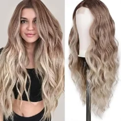 Long Brown Mixed Blonde Wavy Wig for Women 24 Inch Middle Part Curly Wavy Wig Natural Looking Synthetic Heat Resistant Fiber Wig for Daily Party Use Halloween Wigs